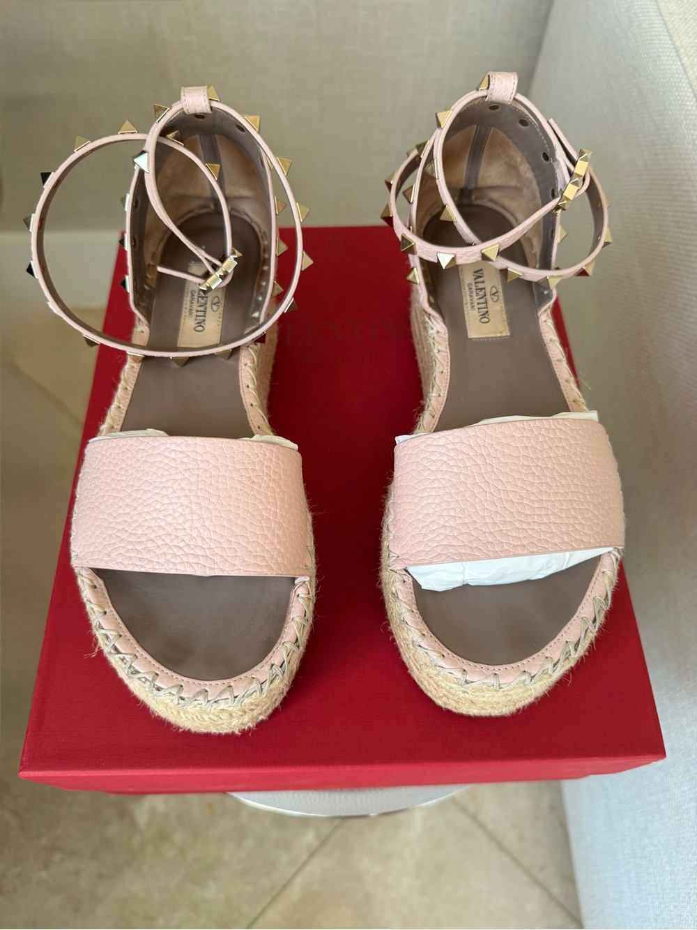 Valentino Garavani Blush Pink Studded Espadrille Platform Sandal